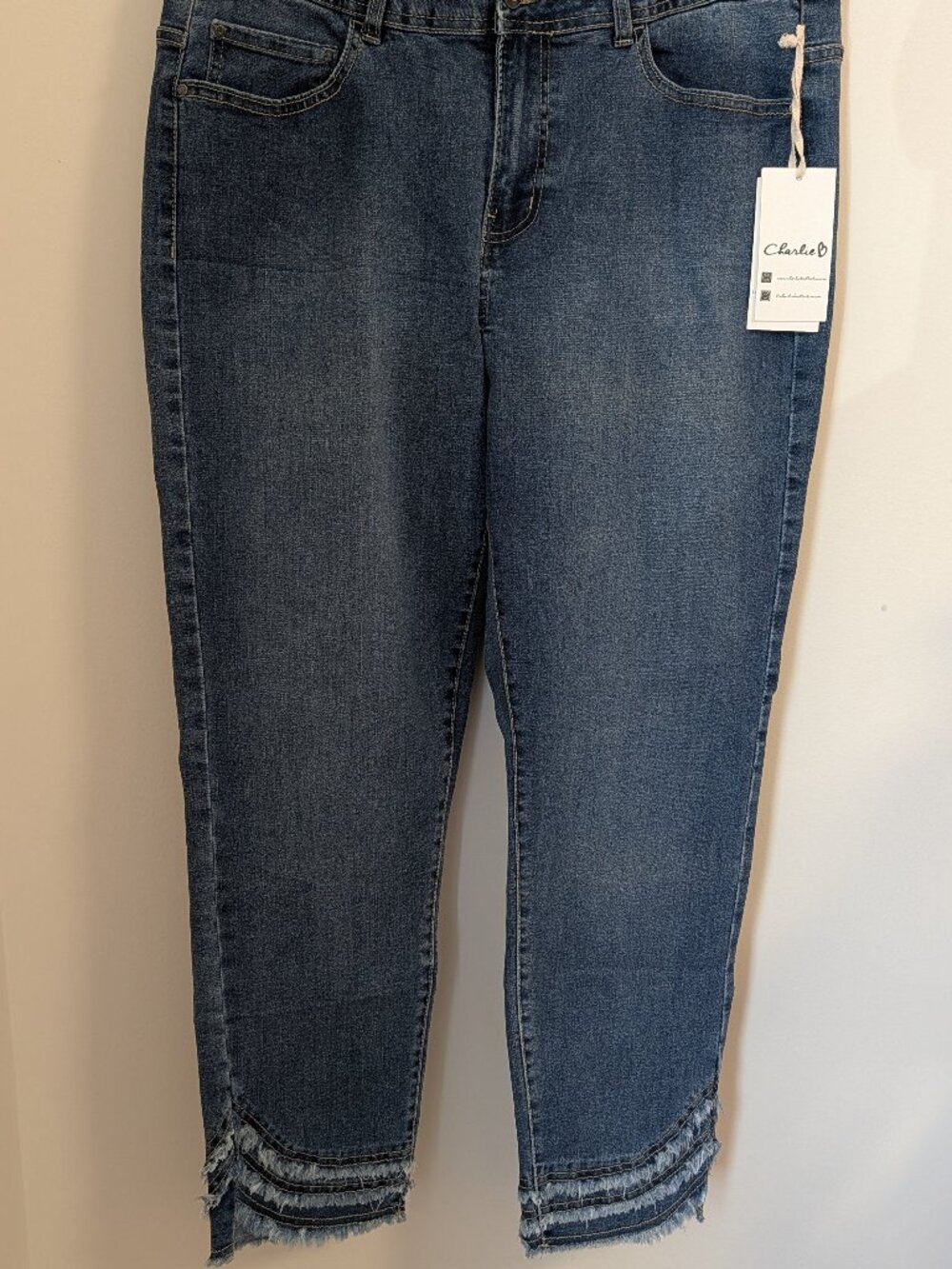 CHARLIE B Frayed Hem Jeans Medium Blue Size 14 NWT